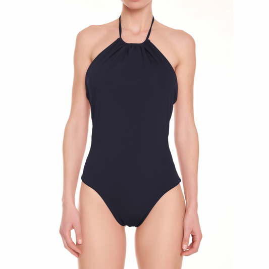 Elevate your swimwear game by sporting this stylish one-piece suit in the sophisticated shade of midnight sky.