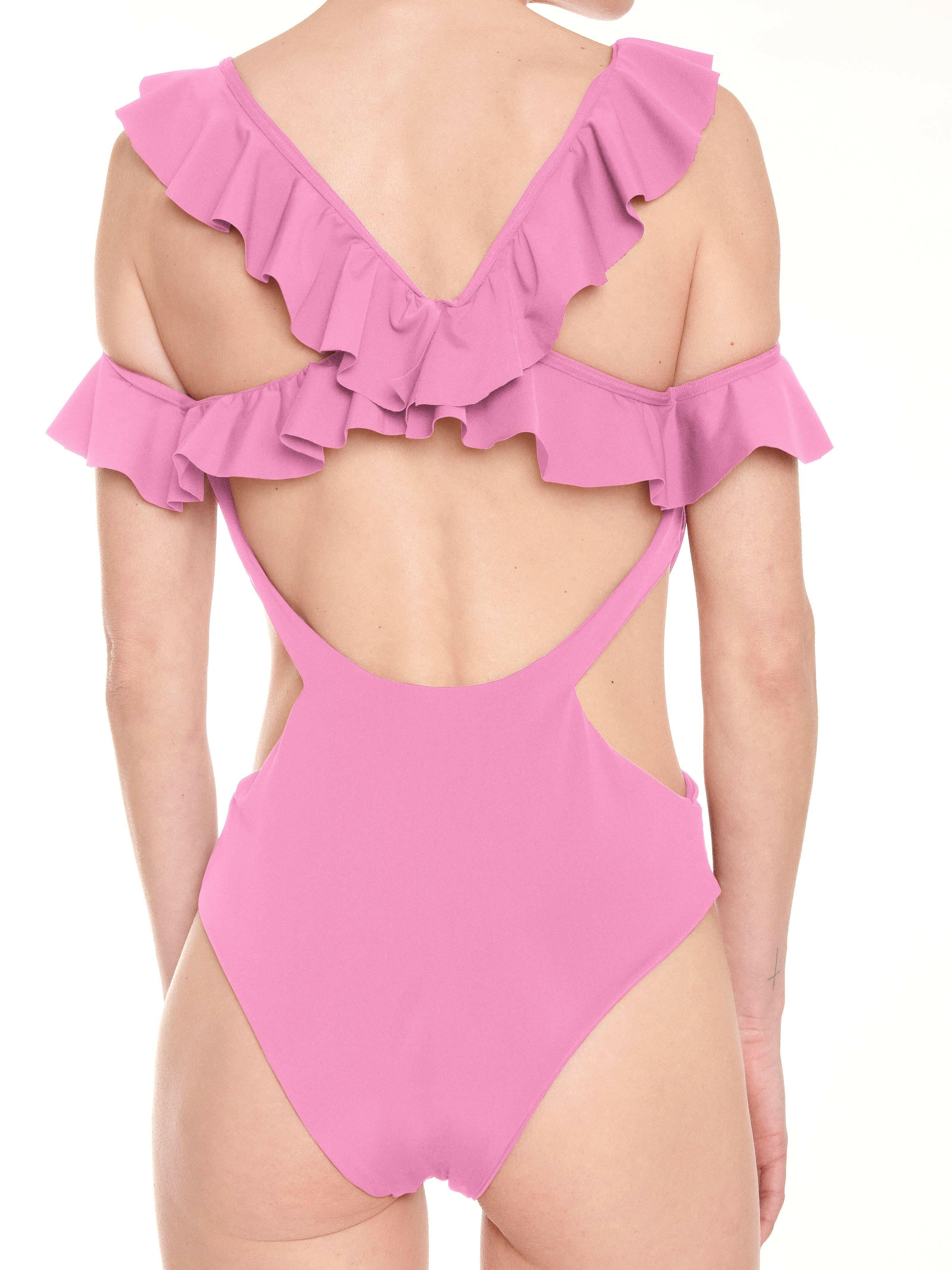 Nude Shoulder - Frill Bardot cross over back sustainable swimsuit